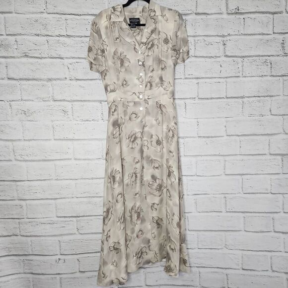 J. Peterman Dresses & Skirts - J. Peterman Womens Beige Silk Floral Collared Short Sleeve Maxi Dress Size 8